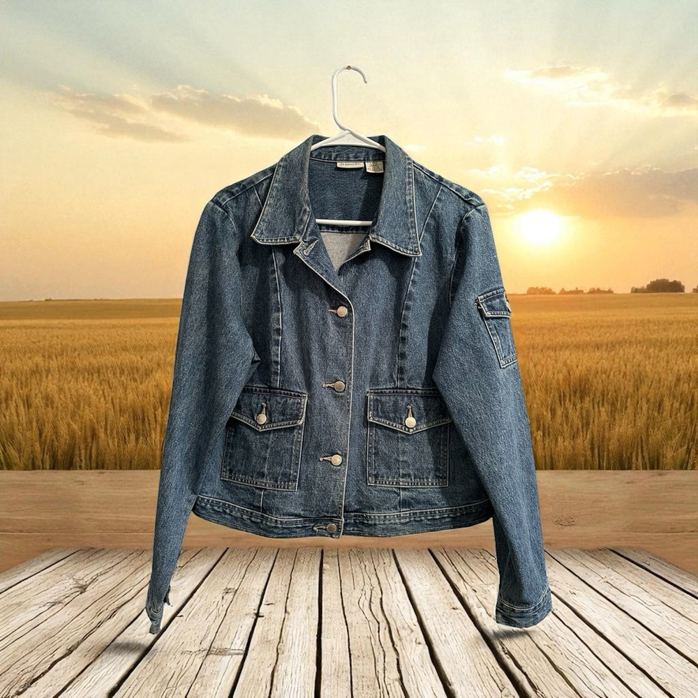 St. Johns Bay Denim Jean Jacket Womens Large Blue Distressed Pockets 100% Cotton